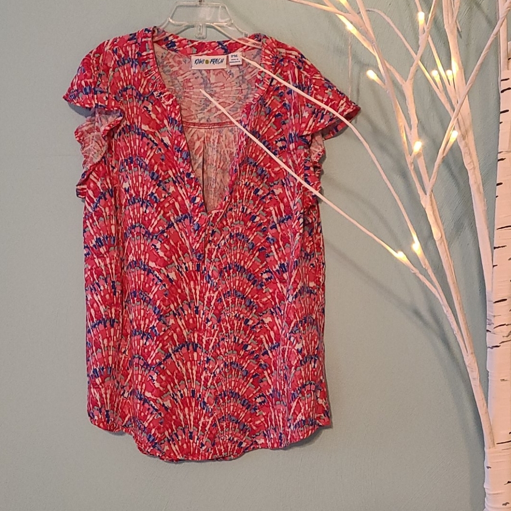 Pink patterned blouse, ruffle sleeve, size Petite